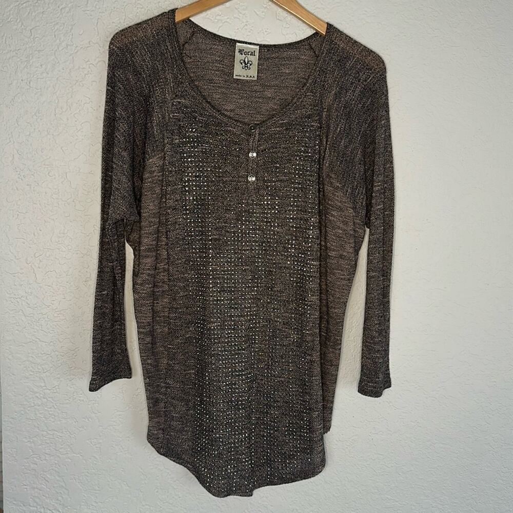 NEW Vocal Brown Thermal Long Sleeve Silver Studded Top Oversized Western Fall